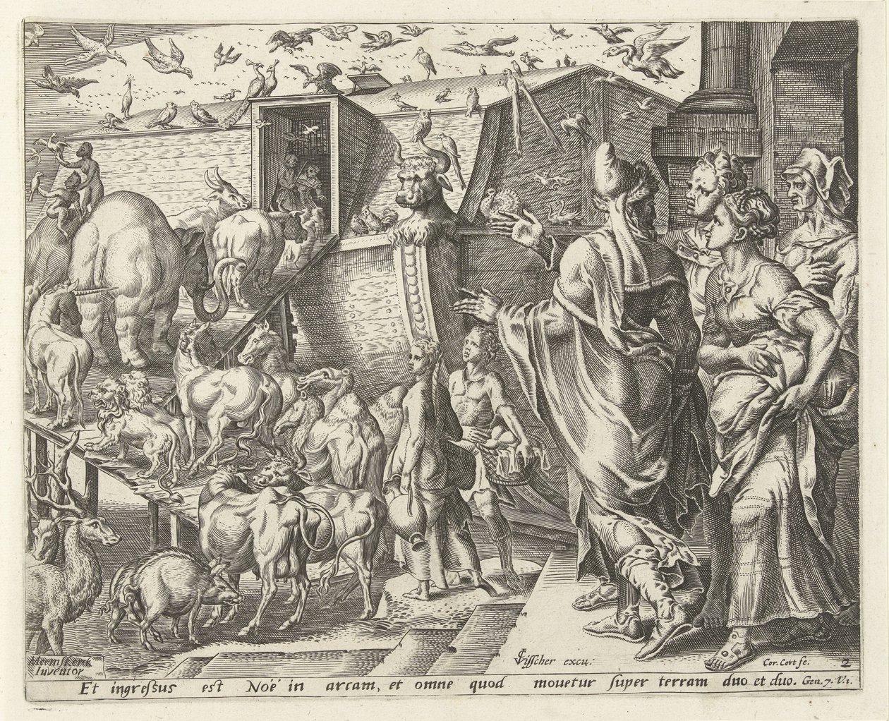 Noah geht mit seiner Familie und den Tieren an Bord der Arche von Cornelis Cort