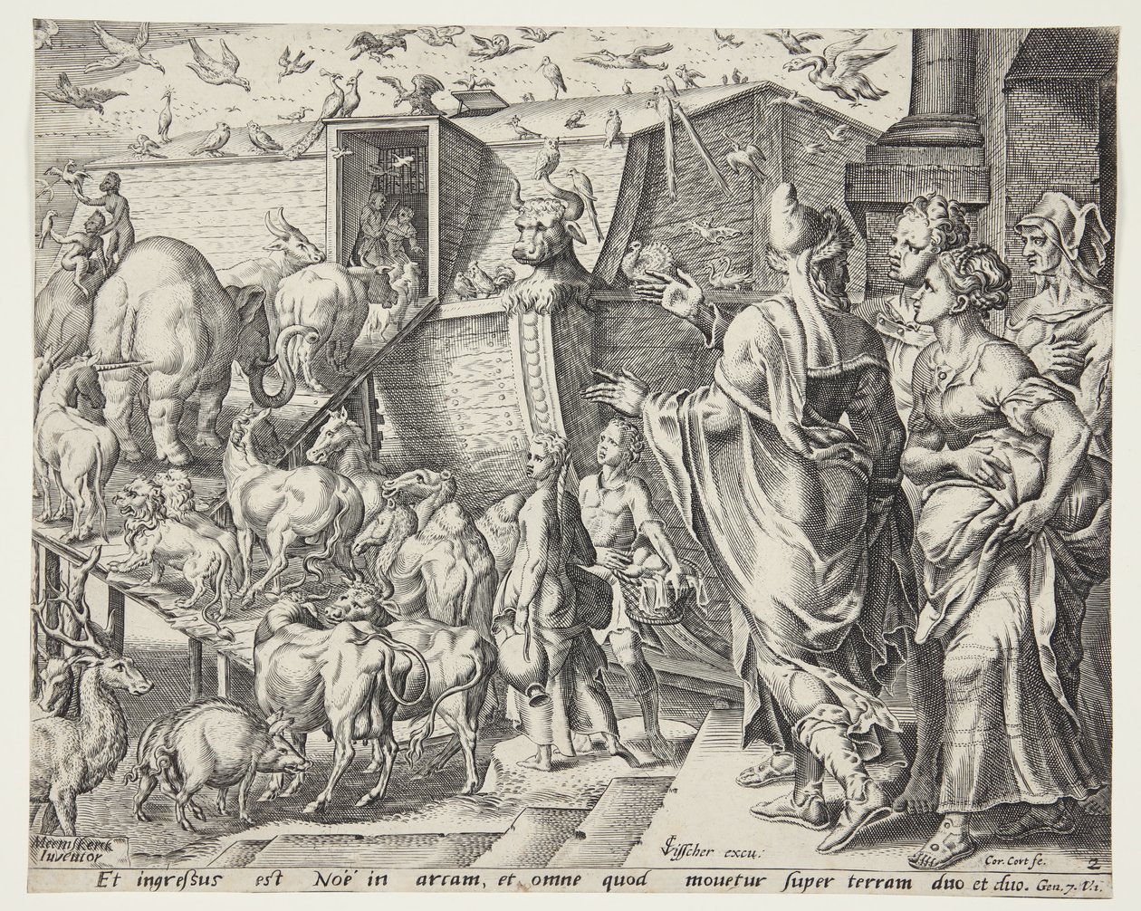 Noah, seine Familie und die Tiere, die die Arche besteigen von Cornelis Cort