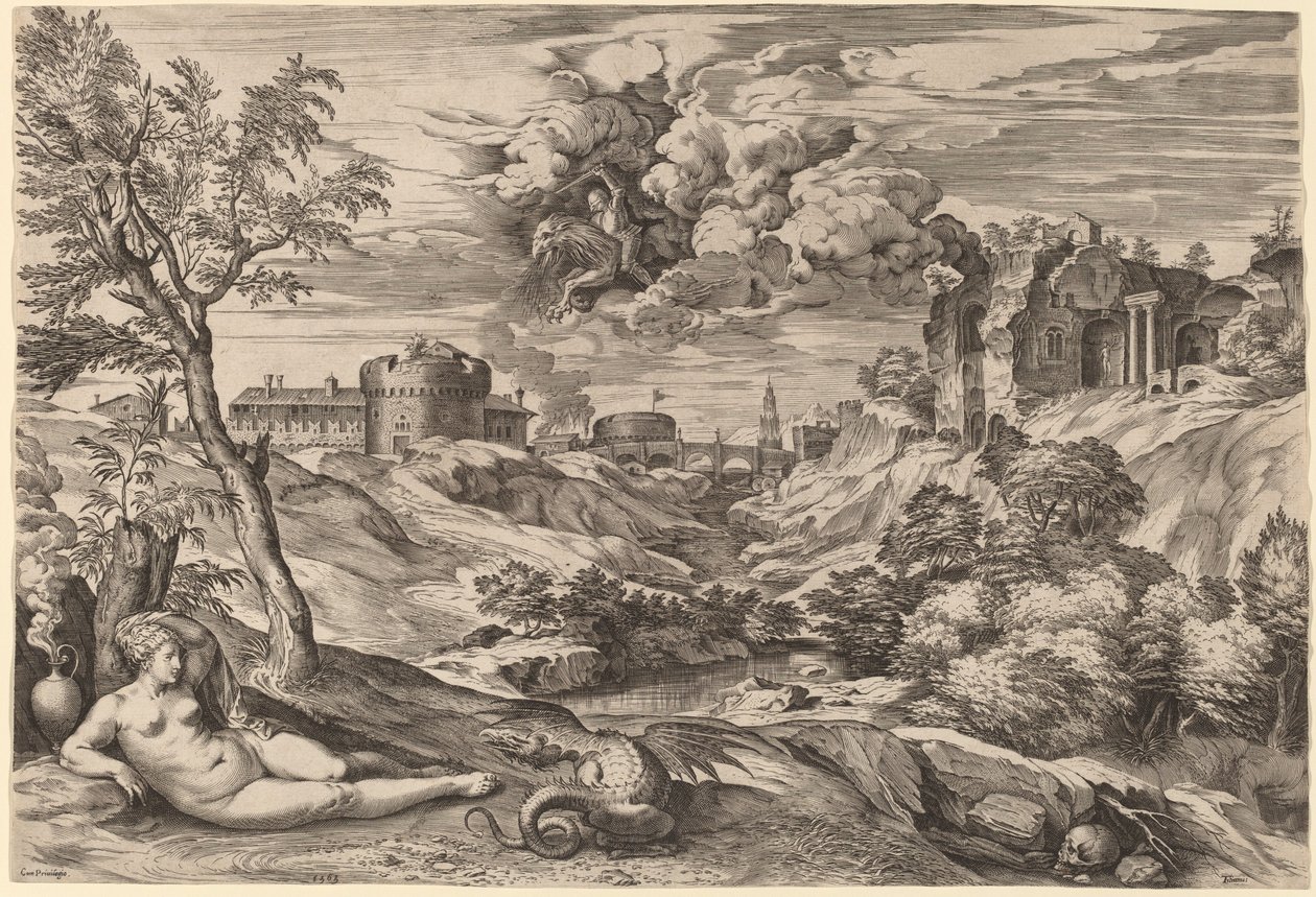 Landschaft mit Roger, der Angelica befreit von Cornelis Cort after Titian