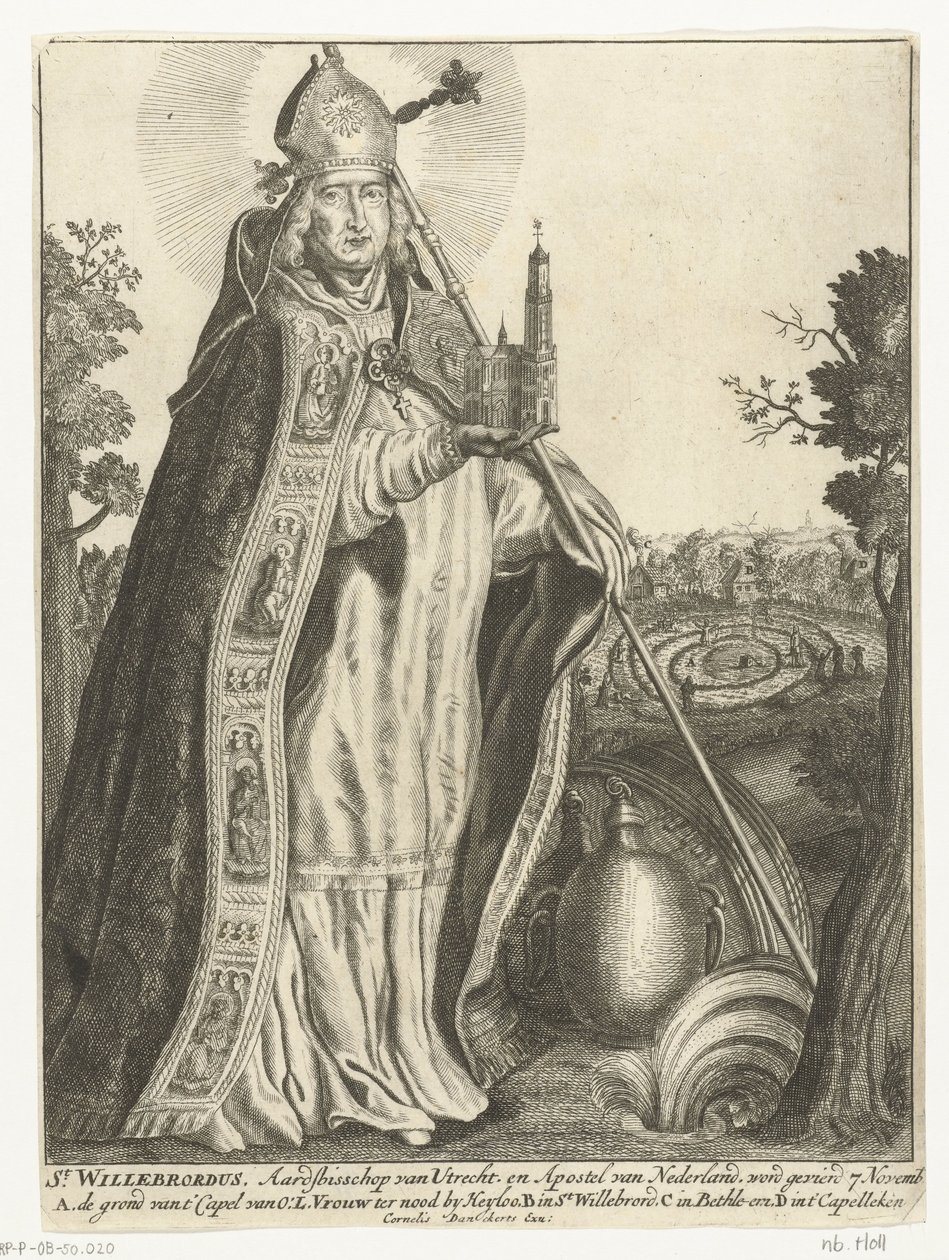 Heiliger Willibrordus als Erzbischof mit Kirchenmodell des Doms zu Utrecht von Cornelis Danckerts (I)