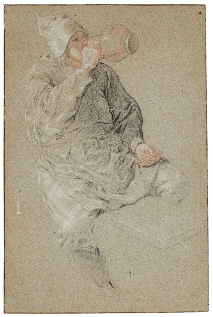 Ein sitzender Mann, der aus einem irdenen Krug trinkt und eine Pfeife hält von Cornelis Dusart