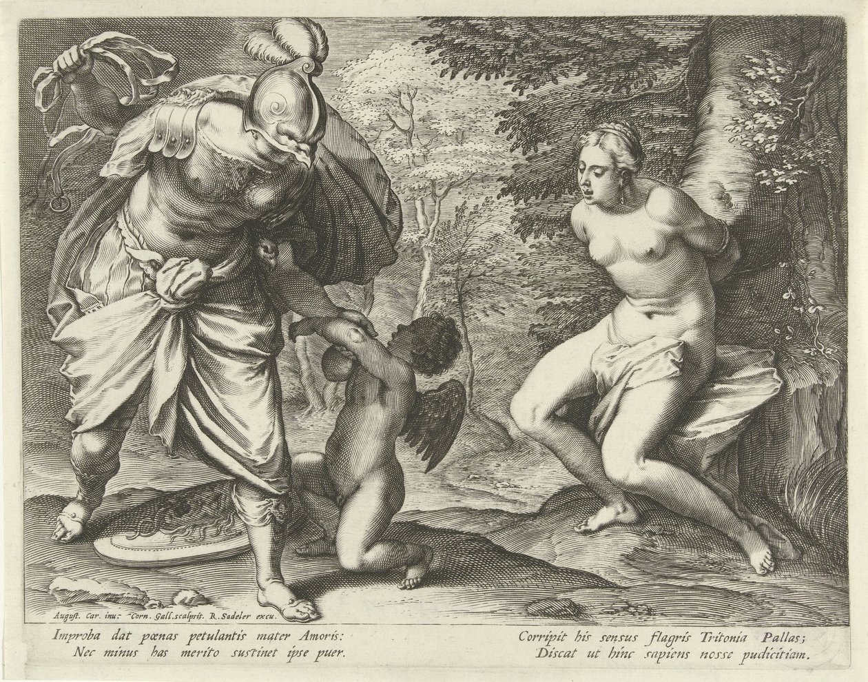 Venus an einen Baum gebunden und Amor von Minerva bestraft von Cornelis Galle (I)