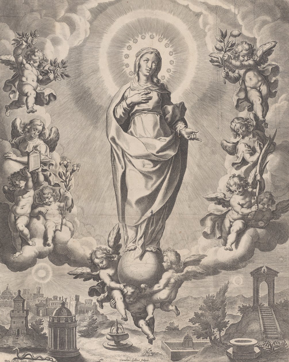 Die Jungfrau in Herrlichkeit, stehend auf Wolken und umgeben von Engeln mit Symbolen, 1595-1633 von Cornelis Galle I