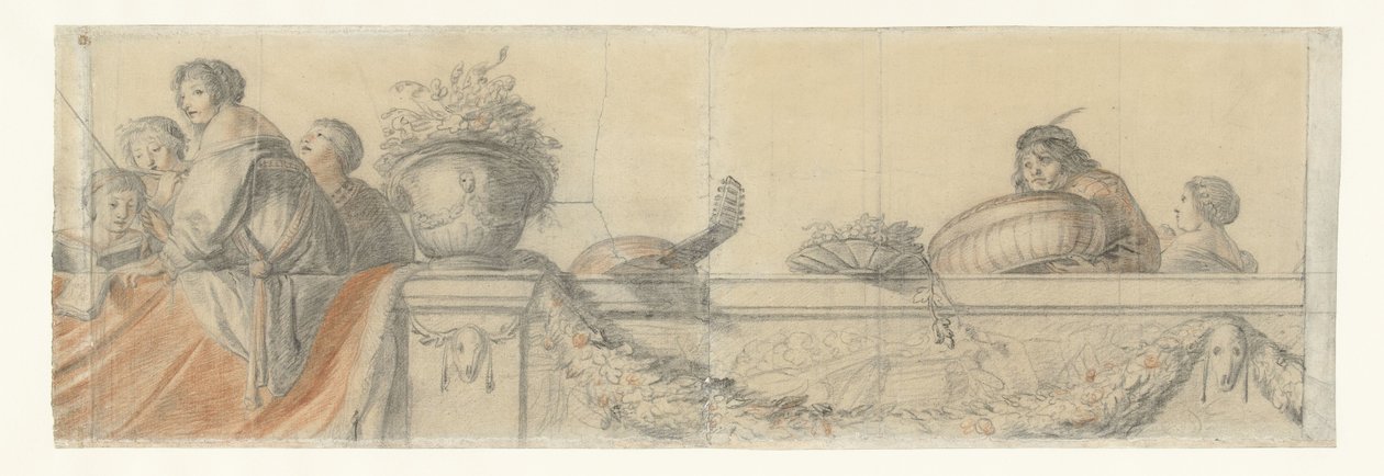 Personen auf einer Balustrade mit Girlanden von Cornelis Holsteyn