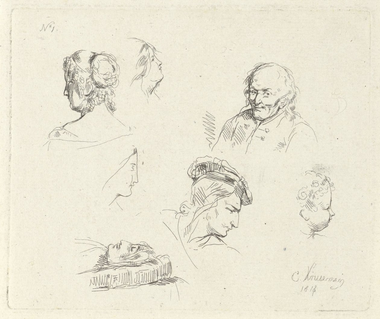 Studienblatt mit verschiedenen Köpfen von Cornelis Kruseman