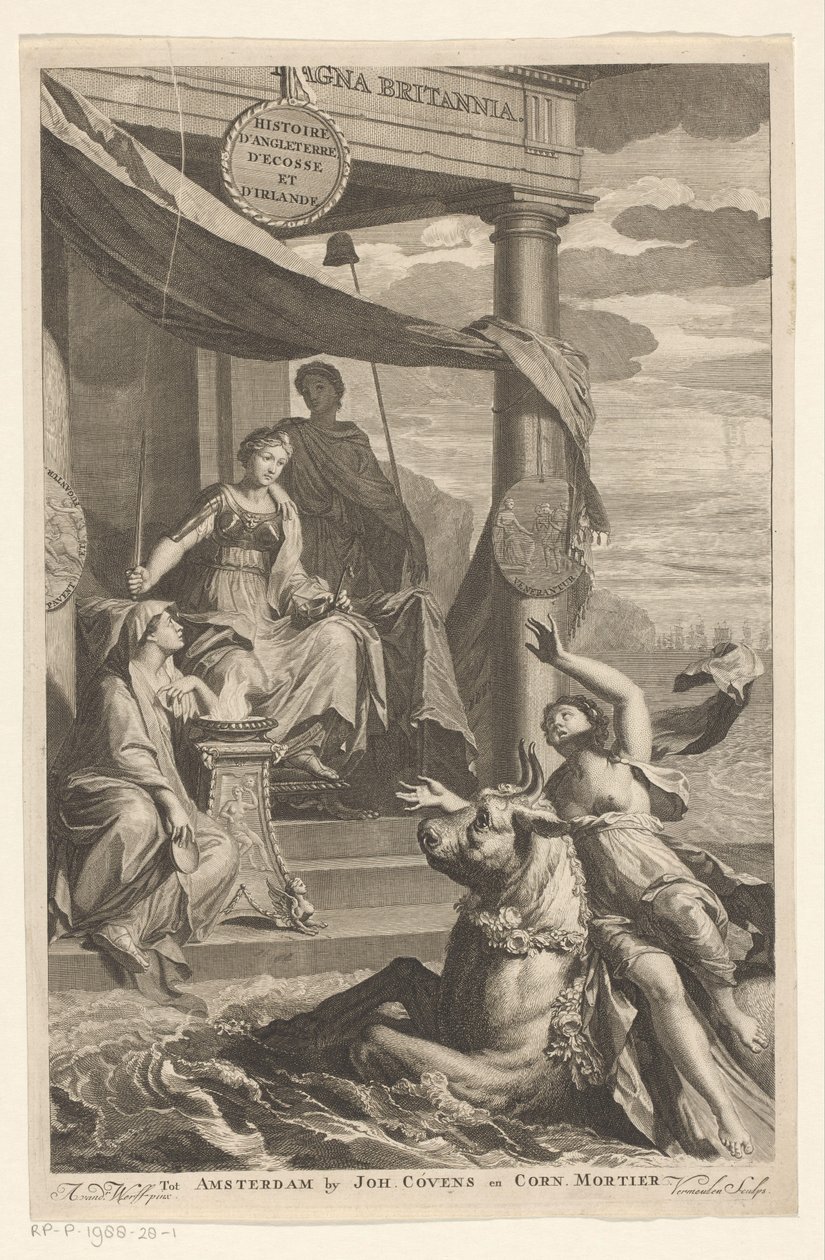Entführung Europas beobachtet von Britannia (Titelblatt für: Isaac de Larrey, Histoire d
