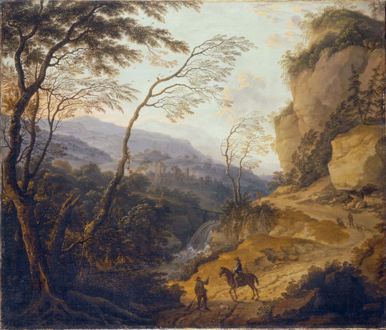 Berglandschaft mit einem Reiter und einem Jäger im Gespräch von Cornelis Matthieu