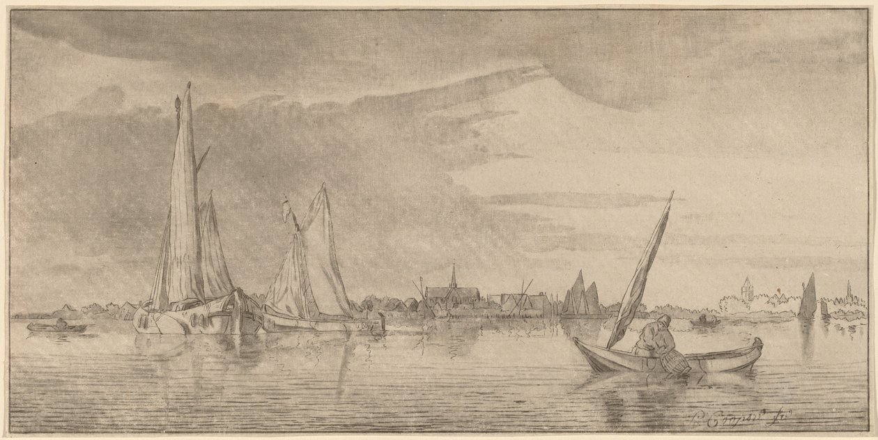 Fluss mit Stadt von Cornelis Ploos van Amstel