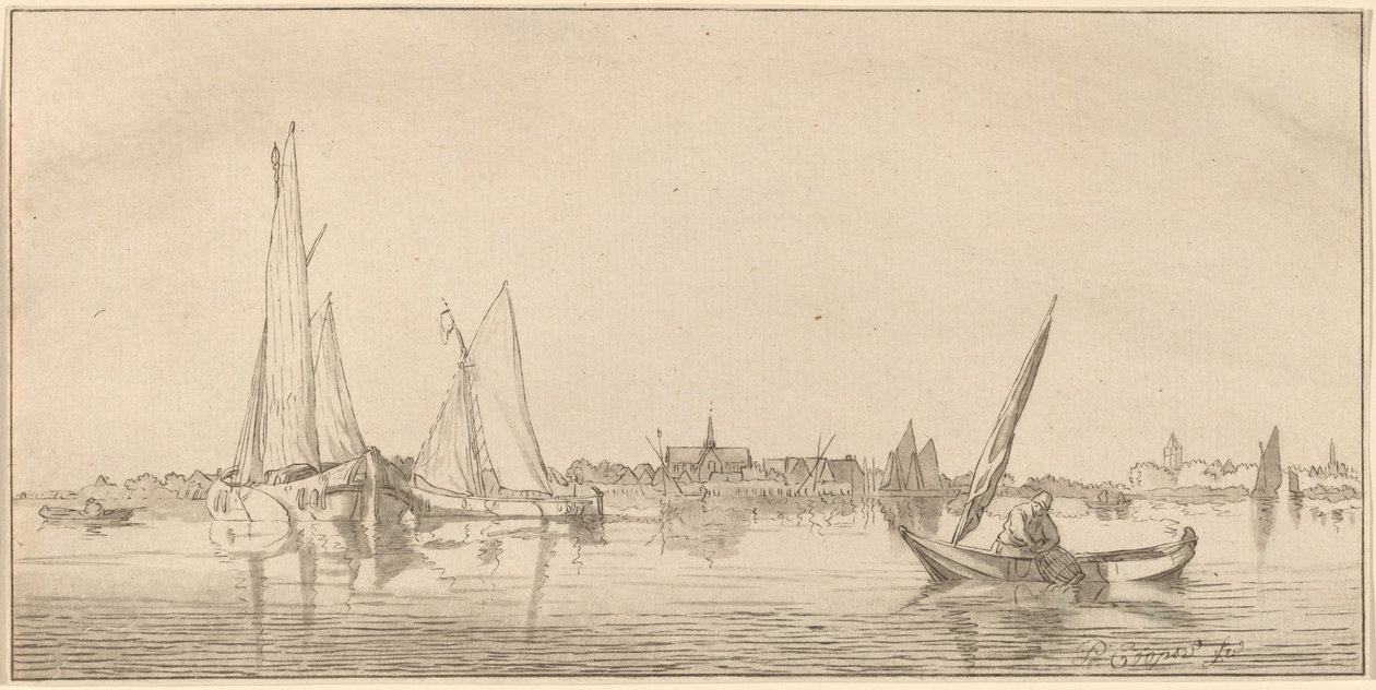 Fluss mit Stadt von Cornelis Ploos van Amstel