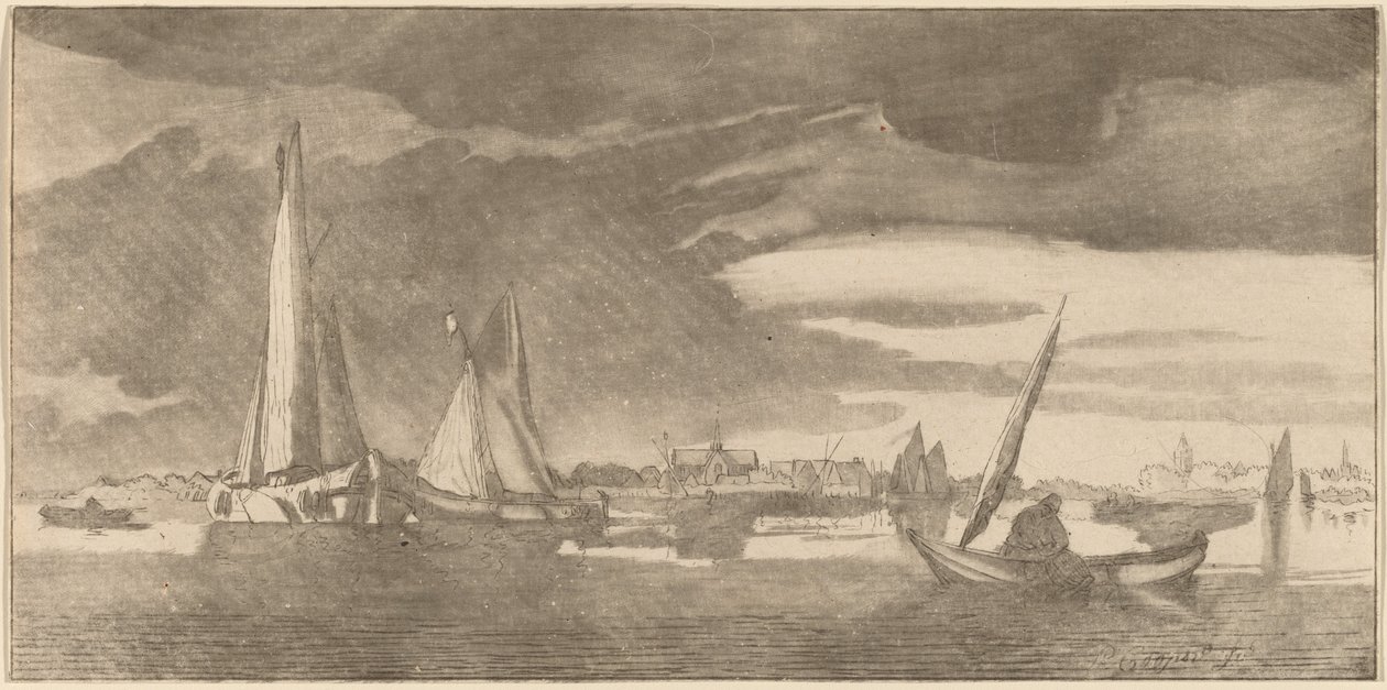 Fluss mit Stadt von Cornelis Ploos van Amstel