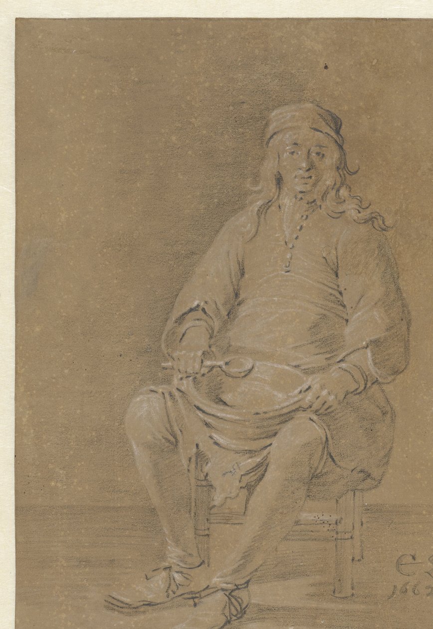 Sitzender Mann mit einer Schüssel auf dem Schoß von Cornelis Saftleven