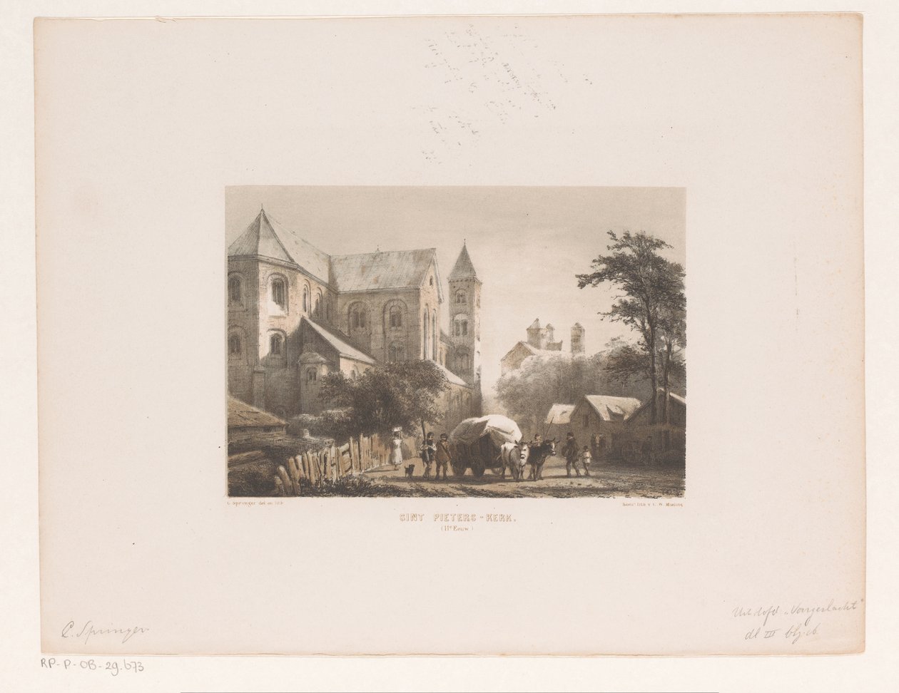Rinder mit Wagen vor elftem Jahrhundert Kirche (Sint Pieters-Kirche) von Cornelis Springer