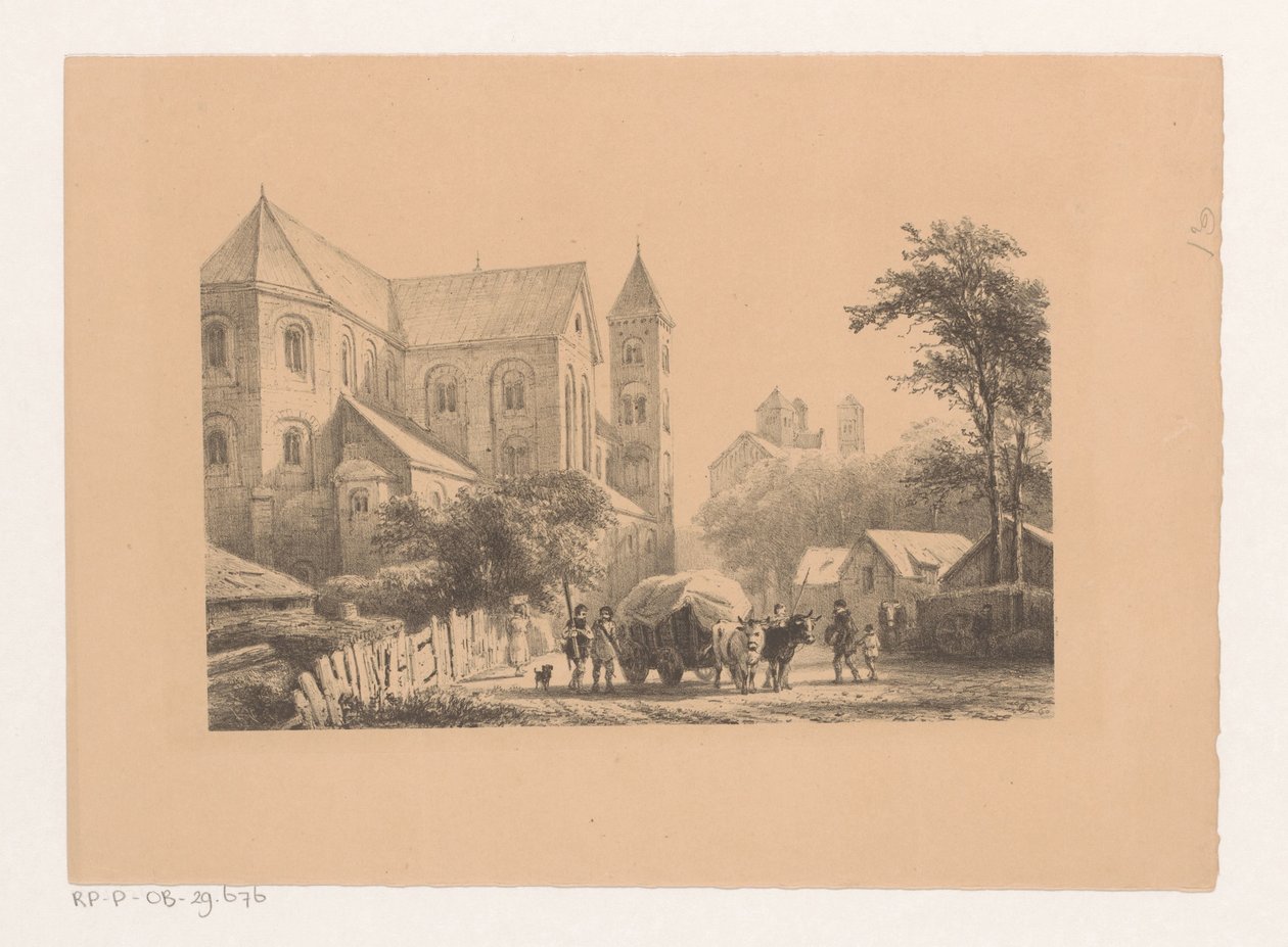 Rinder mit Wagen vor einer Kirche aus dem 11. Jahrhundert von Cornelis Springer