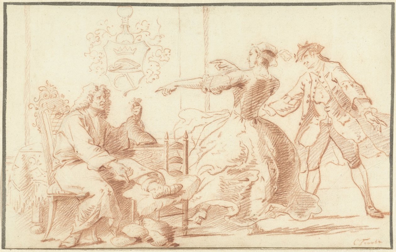 Der reiche Podagralijder, ausgelacht von einer jungen Frau von Cornelis Troost
