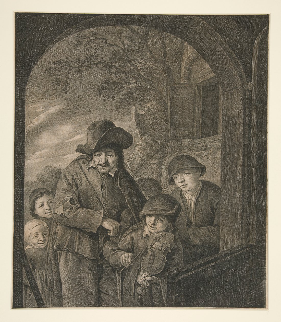 Ohne Titel (Musiker an einer Wirtshaustür) von Cornelis Visscher