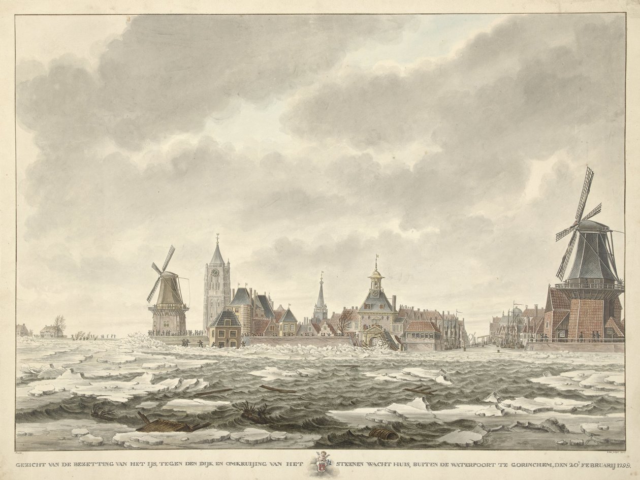 Ansicht der Besetzung des Eises vor dem Wasserpoort in Gorinchem, den 20. Februar 1799 von Cornelis de Jonker