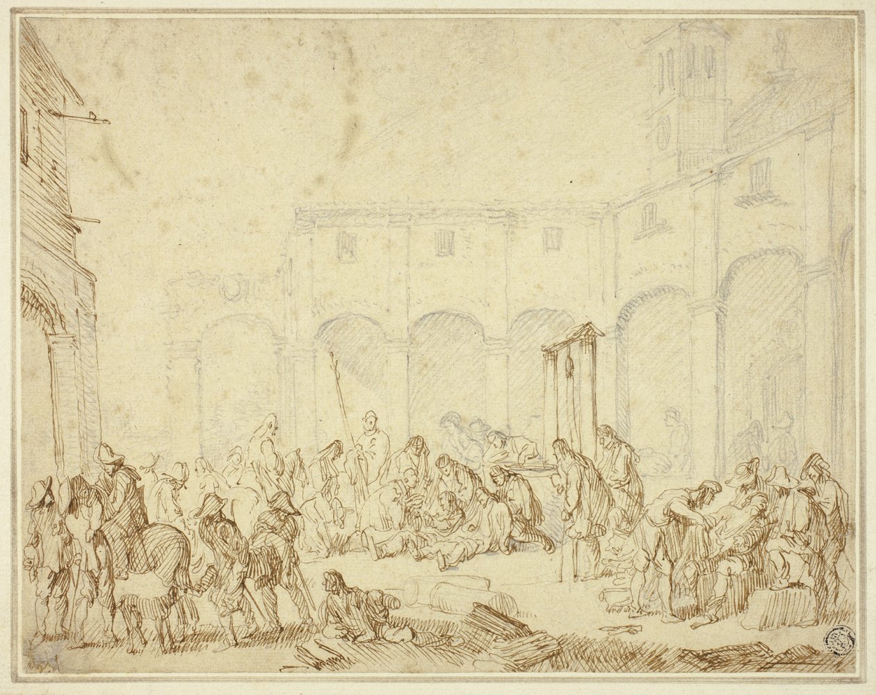 Verwundete Soldaten in einem Hof auf dem Stadtplatz von Cornelis de Wael