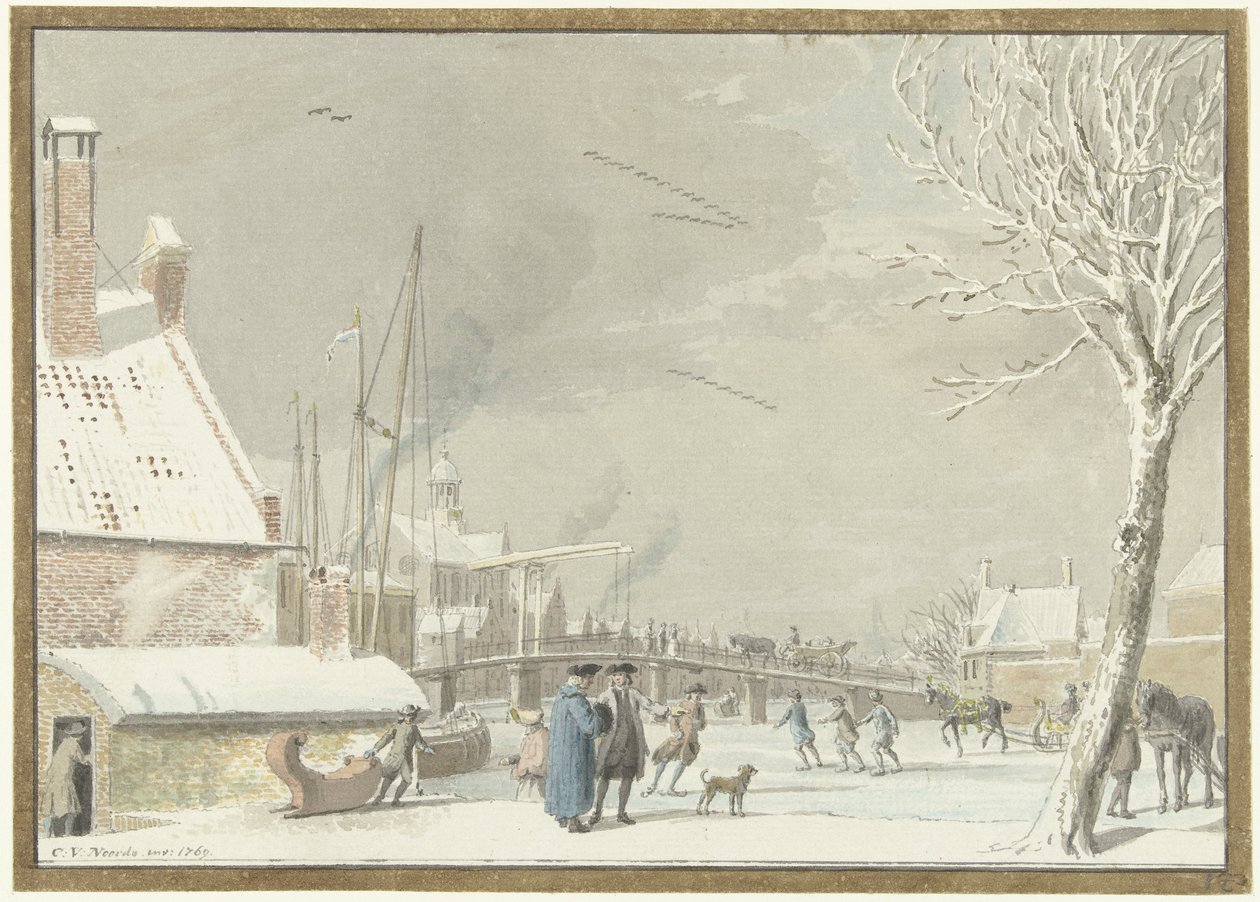 Gefrorener Stadtgraben mit Schlittschuhläufern von Cornelis van Noorde