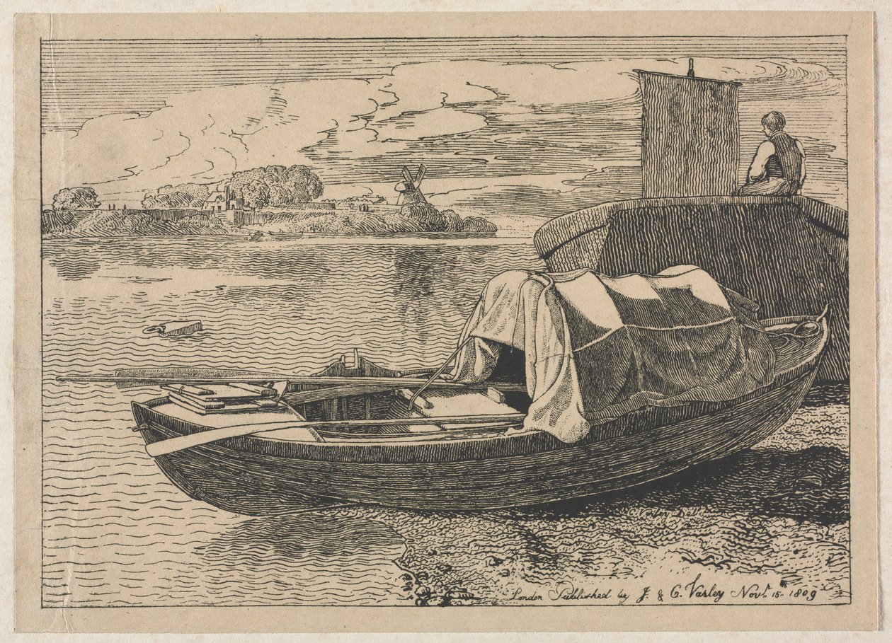 Boote auf einem Fluss, Windmühle in der Ferne, 1809 von Cornelius Varley