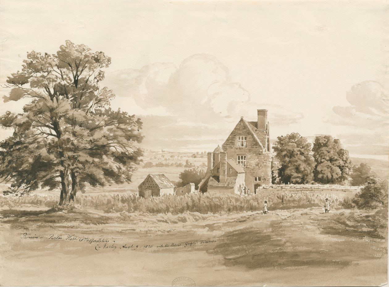 Tettenhall - Perton Hall: Sepia-Waschzeichnung, 9. Aug 1820 von Cornelius Varley
