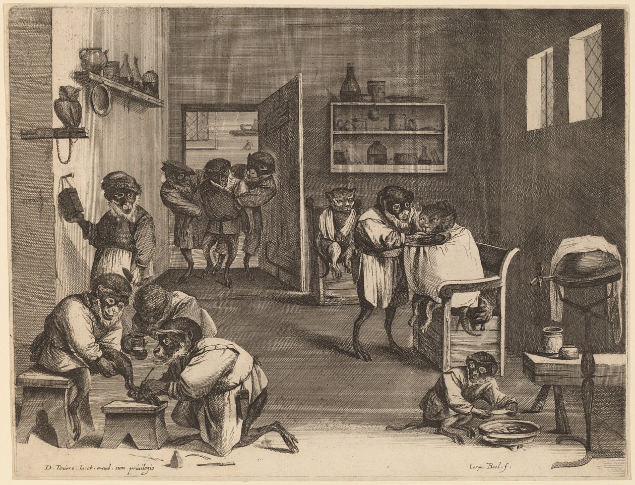 Der Friseursalon der Affen von Coryn Boel after David Teniers the Younger