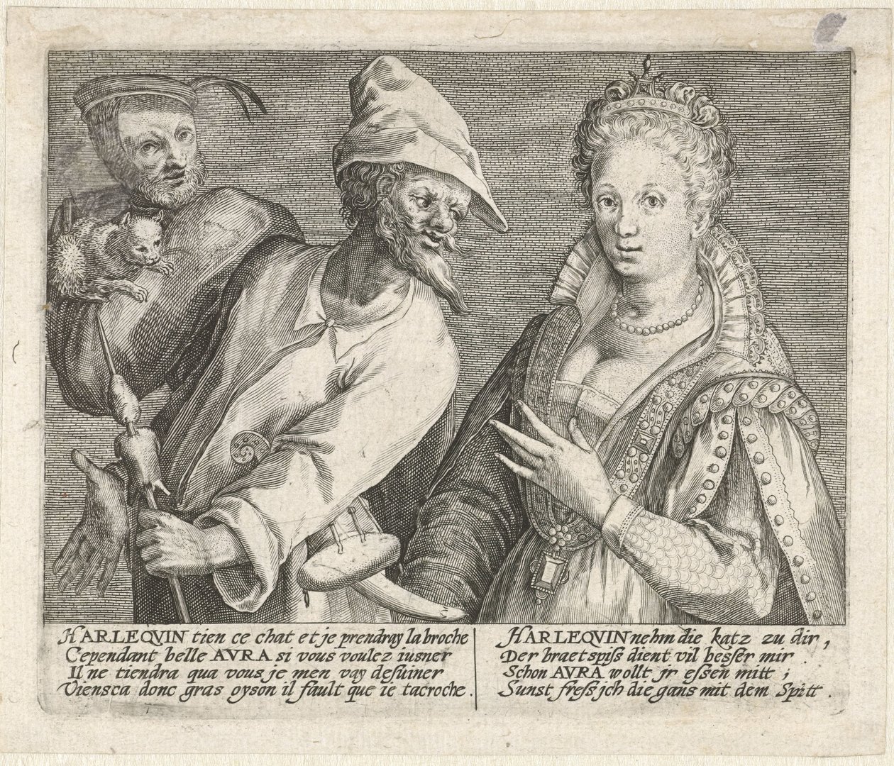 Aura versucht Harlekin zu verführen (Mimicarum aliquot facetiarum icones ad habitum Italicum expressi) von Crispijn van de Passe (I)