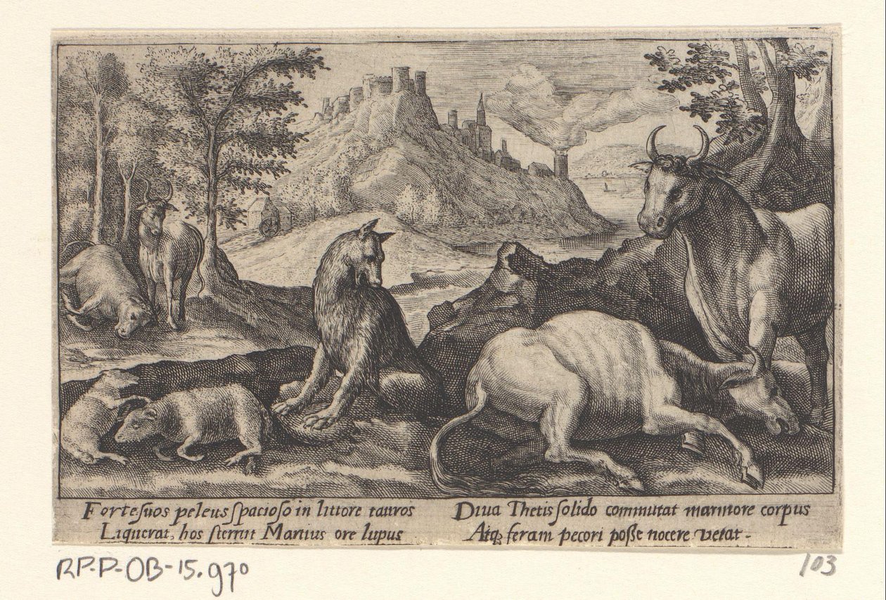 Psamathe verwandelt den Wolf in Marmor (Metamorphosen von Ovidius) von Crispijn van de Passe (I)