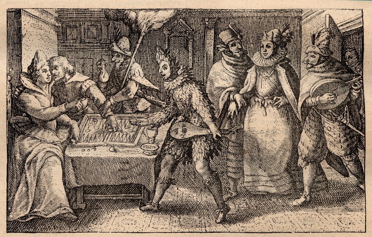 Eine Backgammon-Partie mit wandernden Spielern - Niederländische Kupferstichgravur; aus einer Serie von Drucken, Hortus Voluptatem, von Crispin de Passe (1550-1643) - Ein Paar spielt Backgammon, überrascht von fünf maskierten Männern, Gravur von Crispin de von Crispin I de Passe