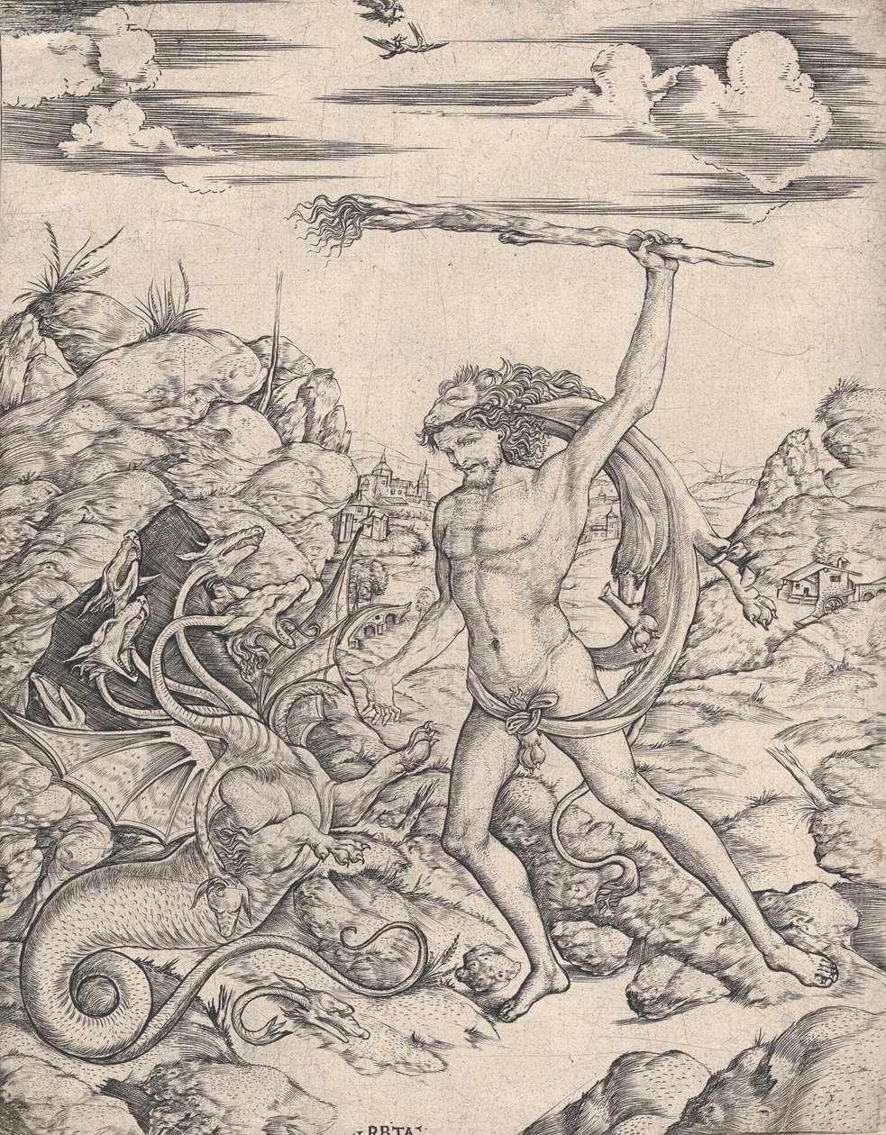 Herkules und die Hydra, mit einer Fackel greift er die geflügelte, mehrköpfige Hydra an, ca. 1500-1520 von Cristofano di Michele Martini
