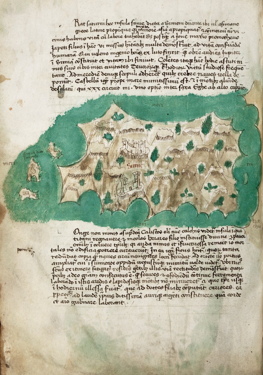 Symi, kartografische Erhebung der griechischen Insel, mit handschriftlichen Notizen auf Pergament von Cristoforo Buondelmonti