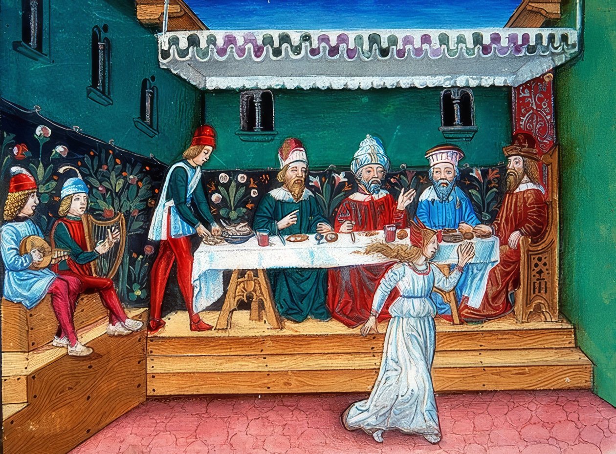 Während des Gastmahls des Herodes übergibt Salome das Haupt des Johannes von Cristoforo De Predis