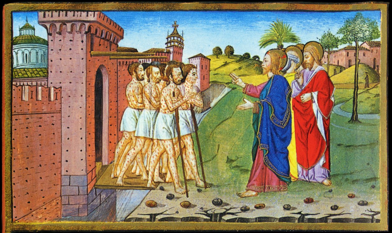 Jesus und die Aussätzigen. Miniatur von Cristoforo de Predis - in Historia del nuovo testamento von Cristoforo De Predis