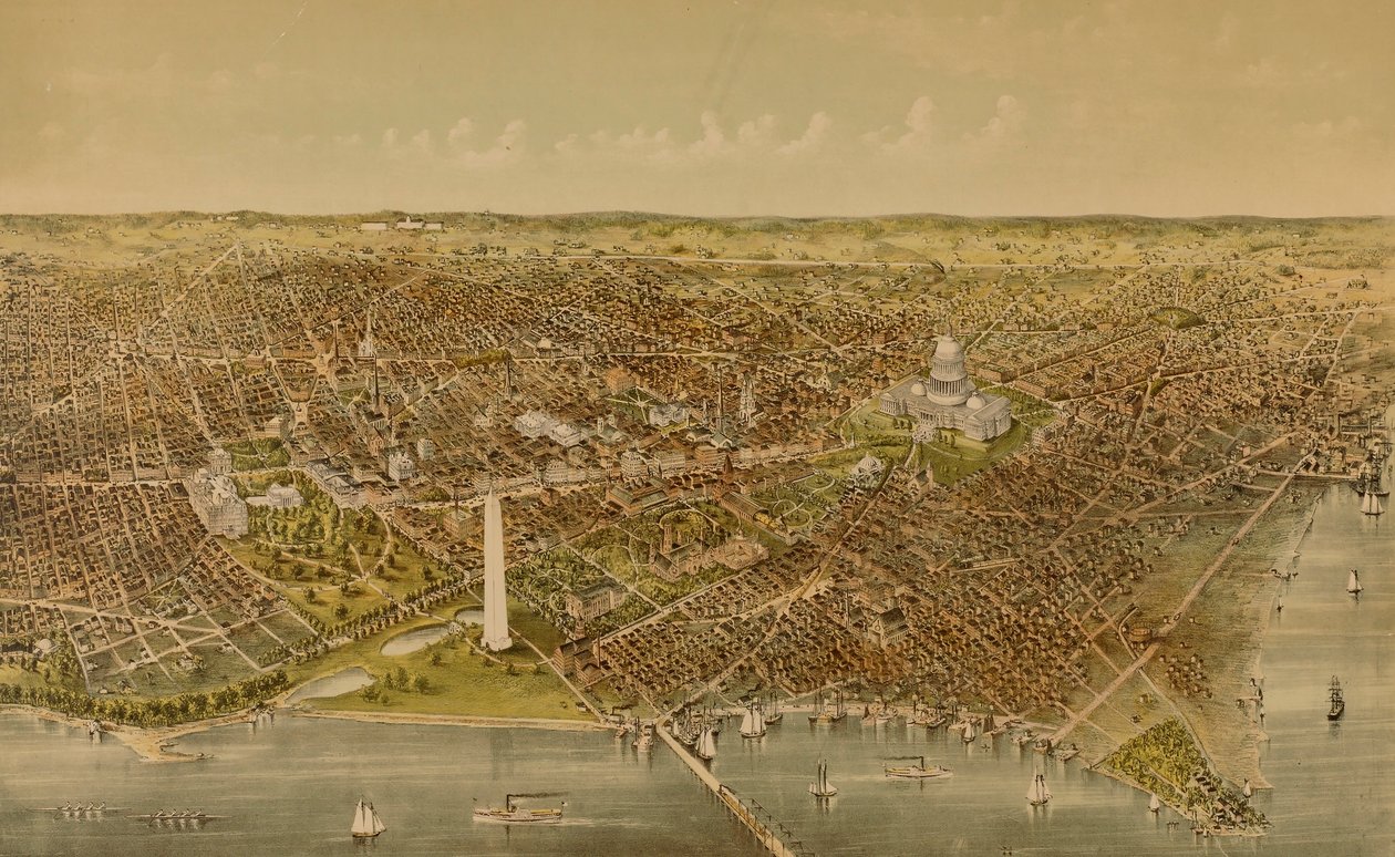 Stadt Washington (Vogelperspektive vom Potomac nach Norden) von Currier and Ives