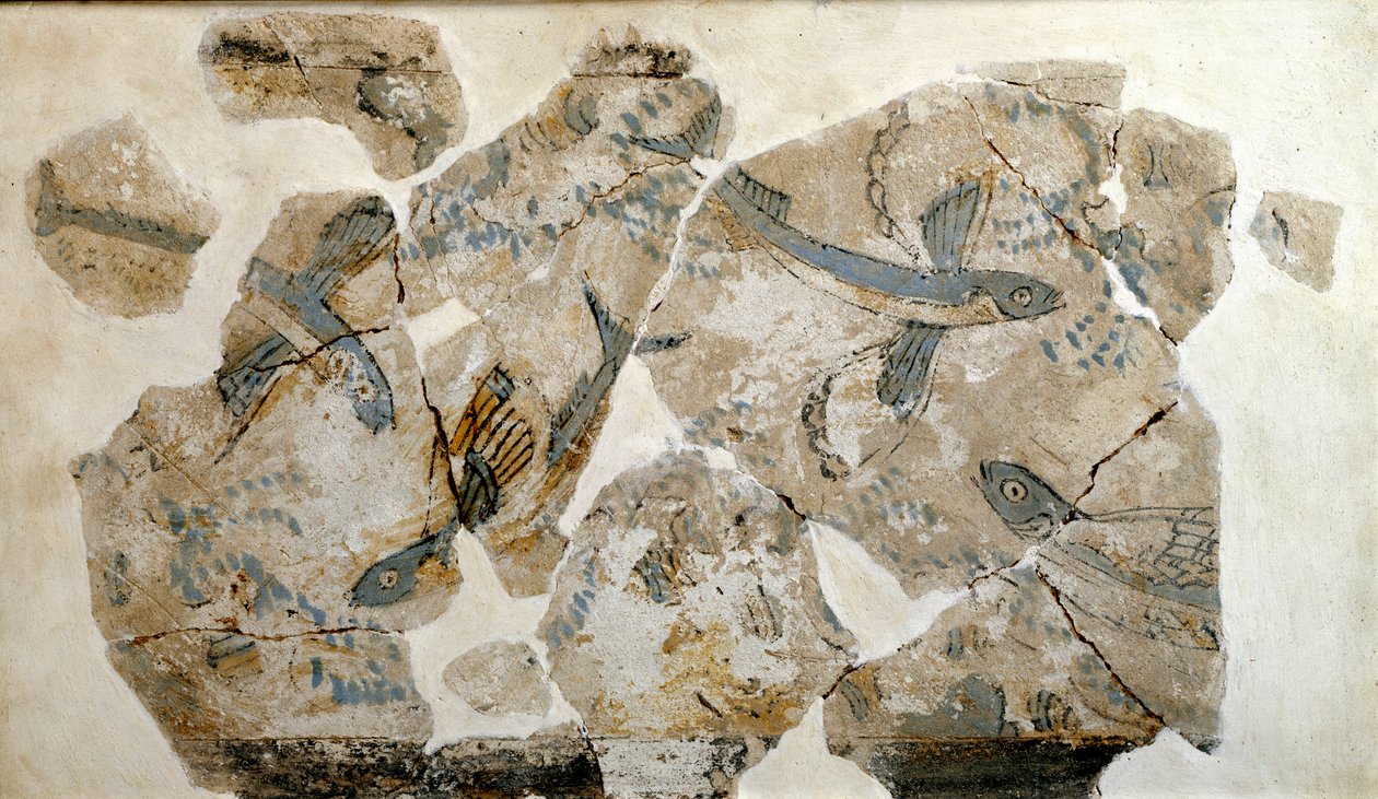 Kykladische Kunst: Fragment eines Freskos, das fliegende Fische (Seeschwalben) darstellt. Vom Fundort Phylakopi (Insel Melos) 2500 v. Chr. Dim. 23 cm Athen, Nationales Archäologisches Museum von Cycladic