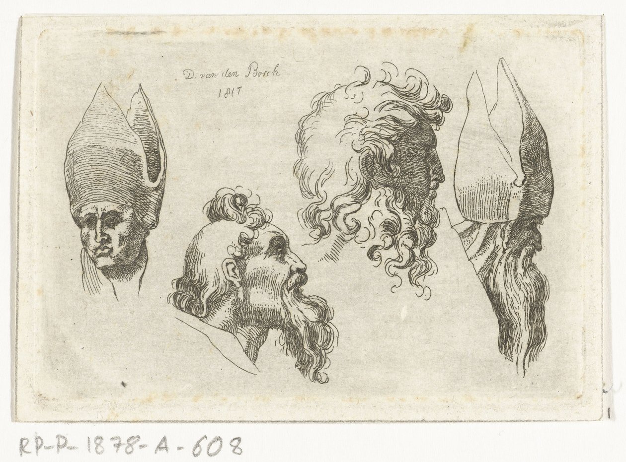 Studienblatt mit vier Köpfen, davon zwei mit einer Mitra von D. van den Bosch