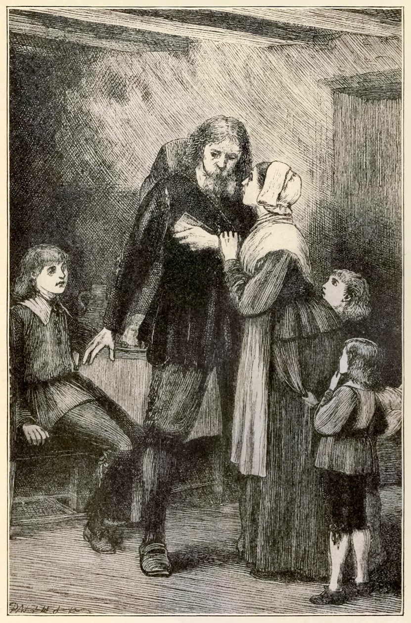Christian vertraut seiner Frau aus The Pilgrims Progress From This World, To That Which Is To Come von John Bunyan (1628-1688) Illustration von Thomas Dalziel (1823-1906) von Dalziel Brothers