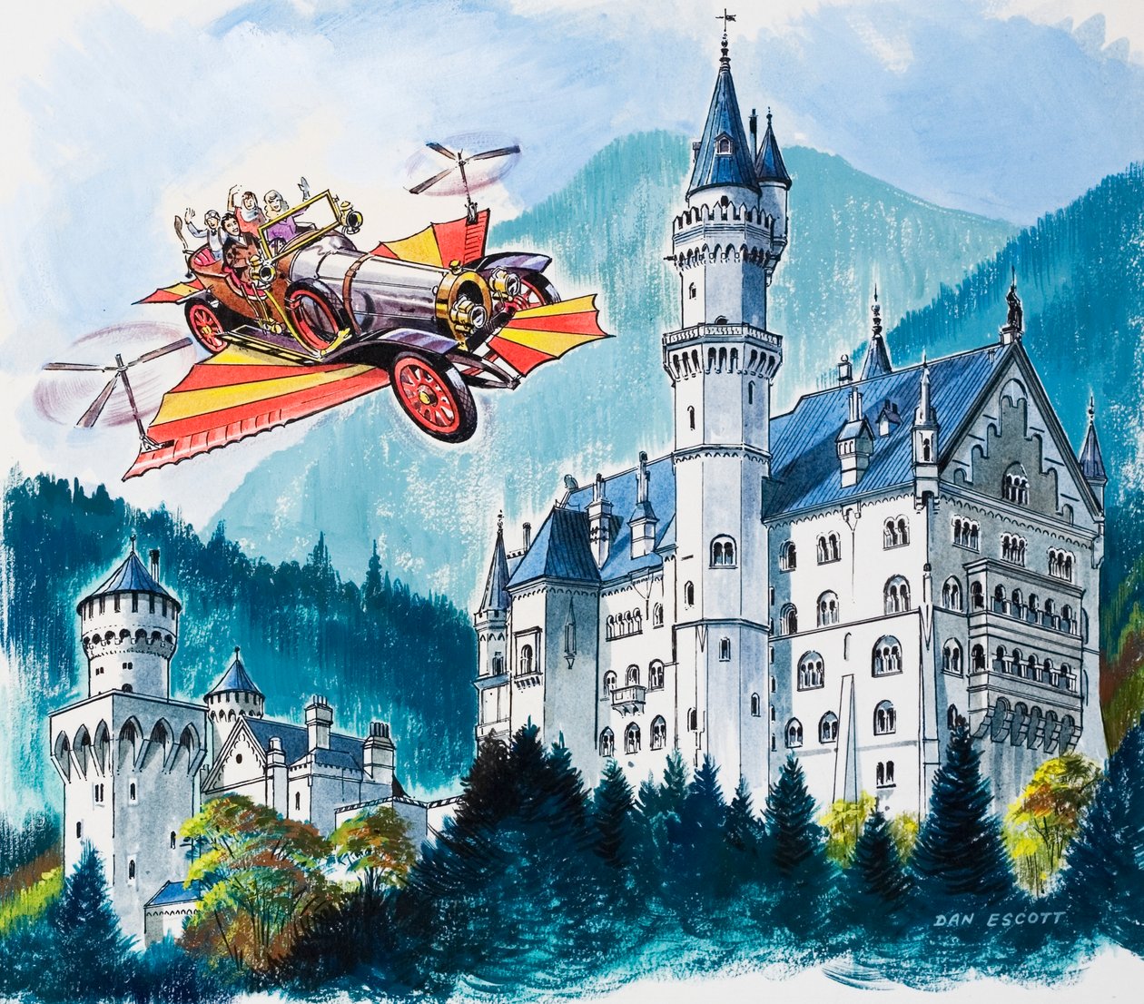 Chitty Chitty Bang Bang fährt an Neuschwanstein in den bayerischen Alpen vorbei von Dan Escott