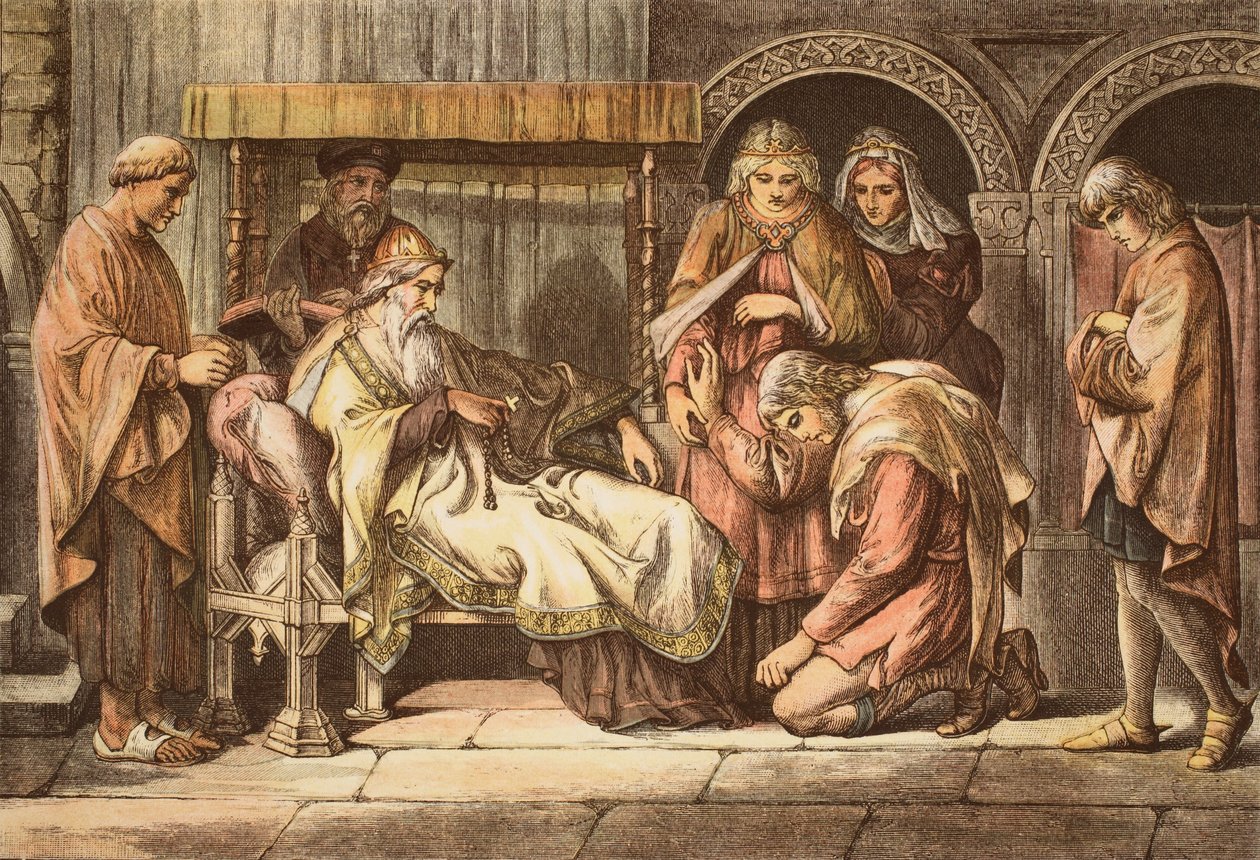 Harold, der von der Normandie zurückkehrt, stellt sich Edward dem Bekenner vor, graviert von JD Cooper von Daniel Maclise