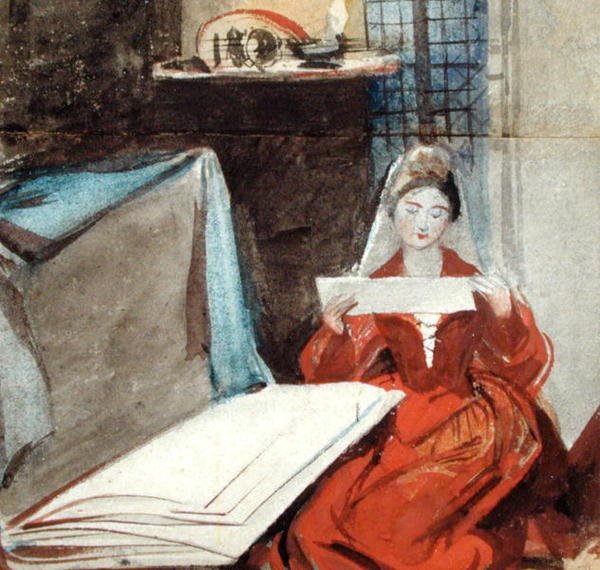 Eine Dame in einem mittelalterlichen Kostüm, die den Inhalt eines Portfolios studiert von Daniel Maclise