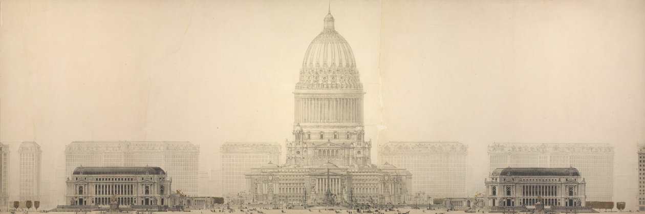 Tafel 131 aus Der Plan von Chicago, 1909: Chicago. Erhebung zeigt die Gruppe von Gebäuden... von Daniel Burnham