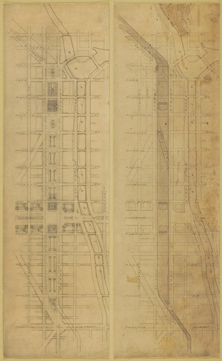 Tafel 78: 2 Zeichnungen aus dem Plan von Chicago, 1909: Vorgeschlagener Standort und Anordnung der... von Daniel Burnham