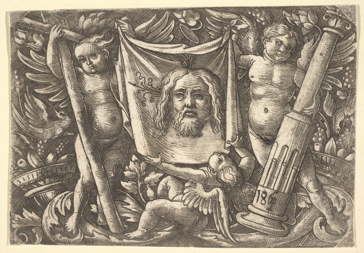 Das Schweißtuch, gehalten von zwei Engeln, ca. 1515 von Daniel Hopfer