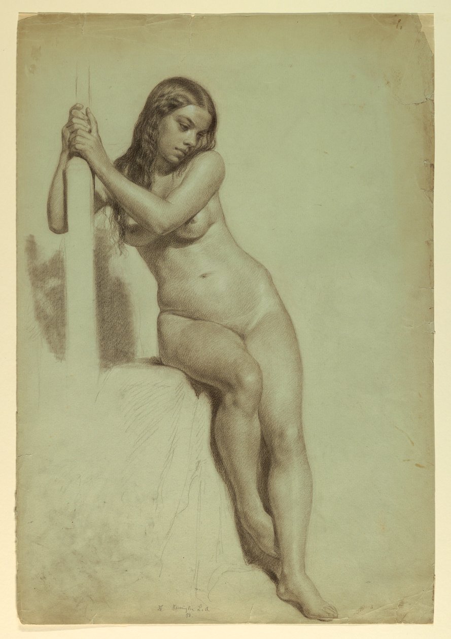 Zeichnung, Weiblicher Akt auf einem Hocker, 1858 von Daniel Huntington