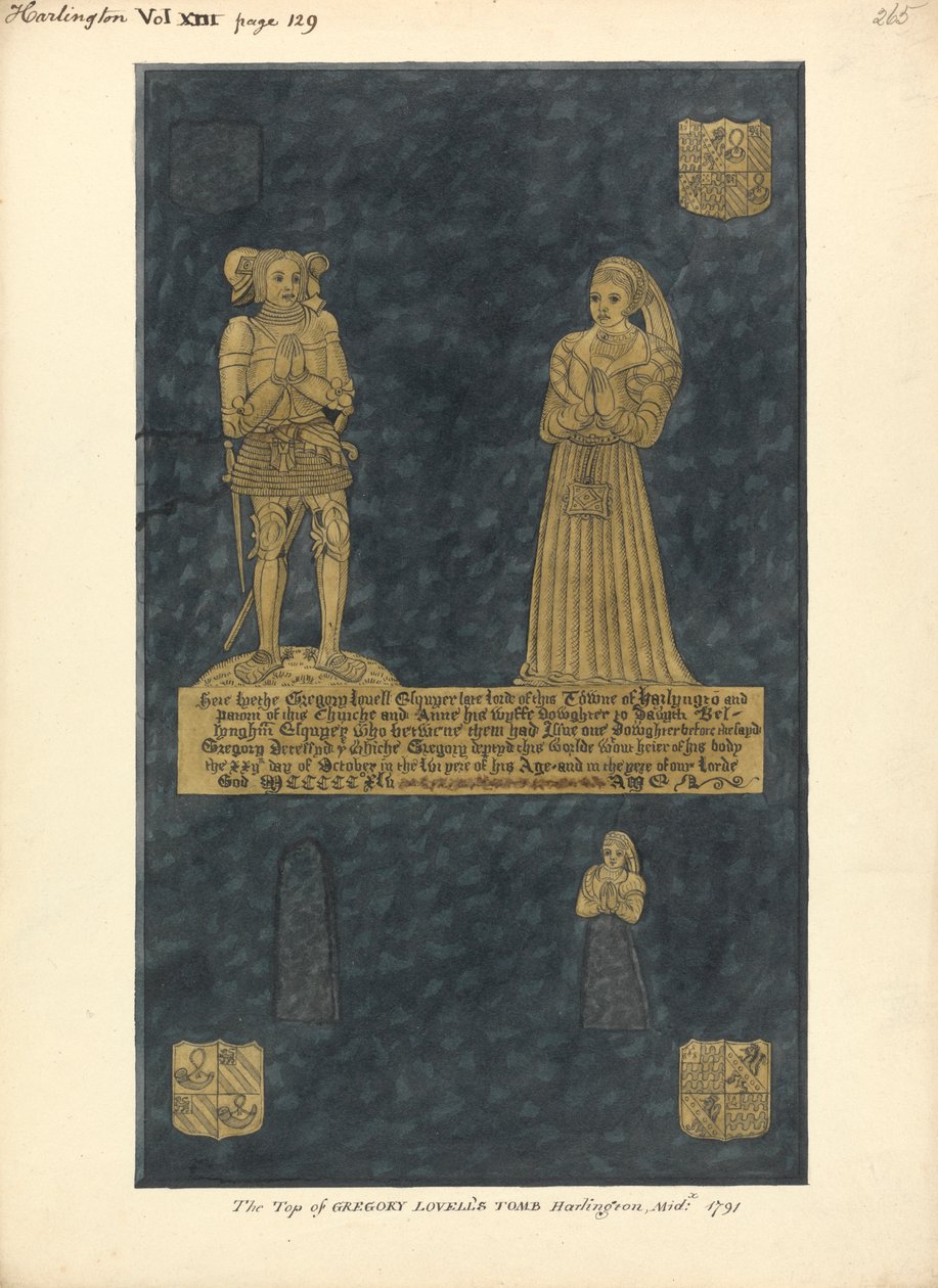 Messingplatte für Gregory Lovell und seine Frau Anne, Tochter von David Bellingham, Harlington Church von Daniel Lysons