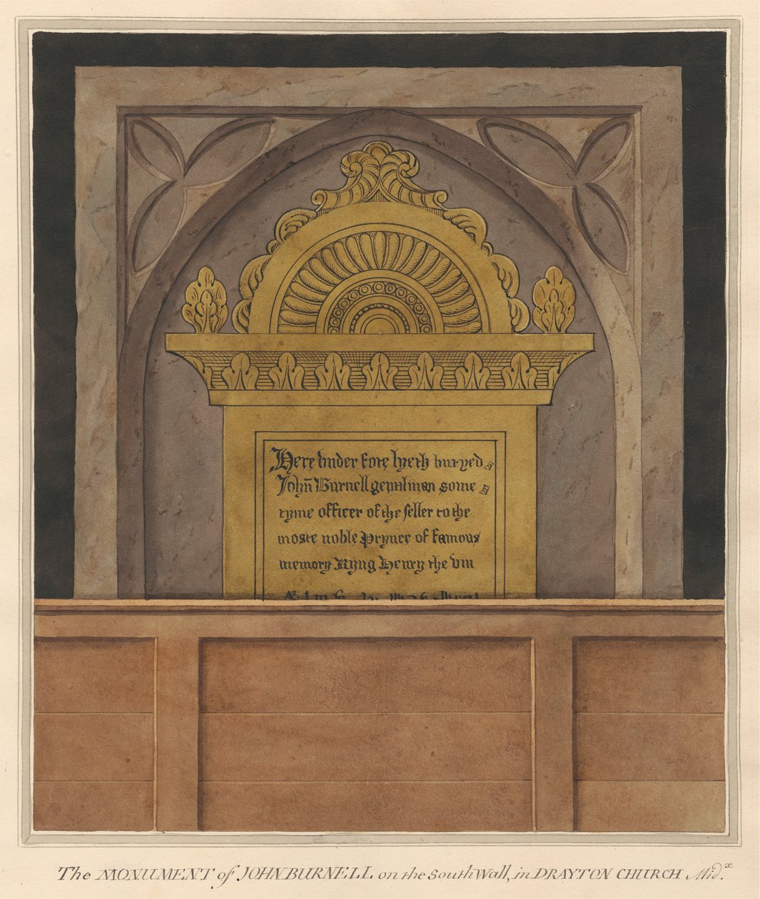 Messingplatte für John Burnell aus der Kirche von Drayton von Daniel Lysons