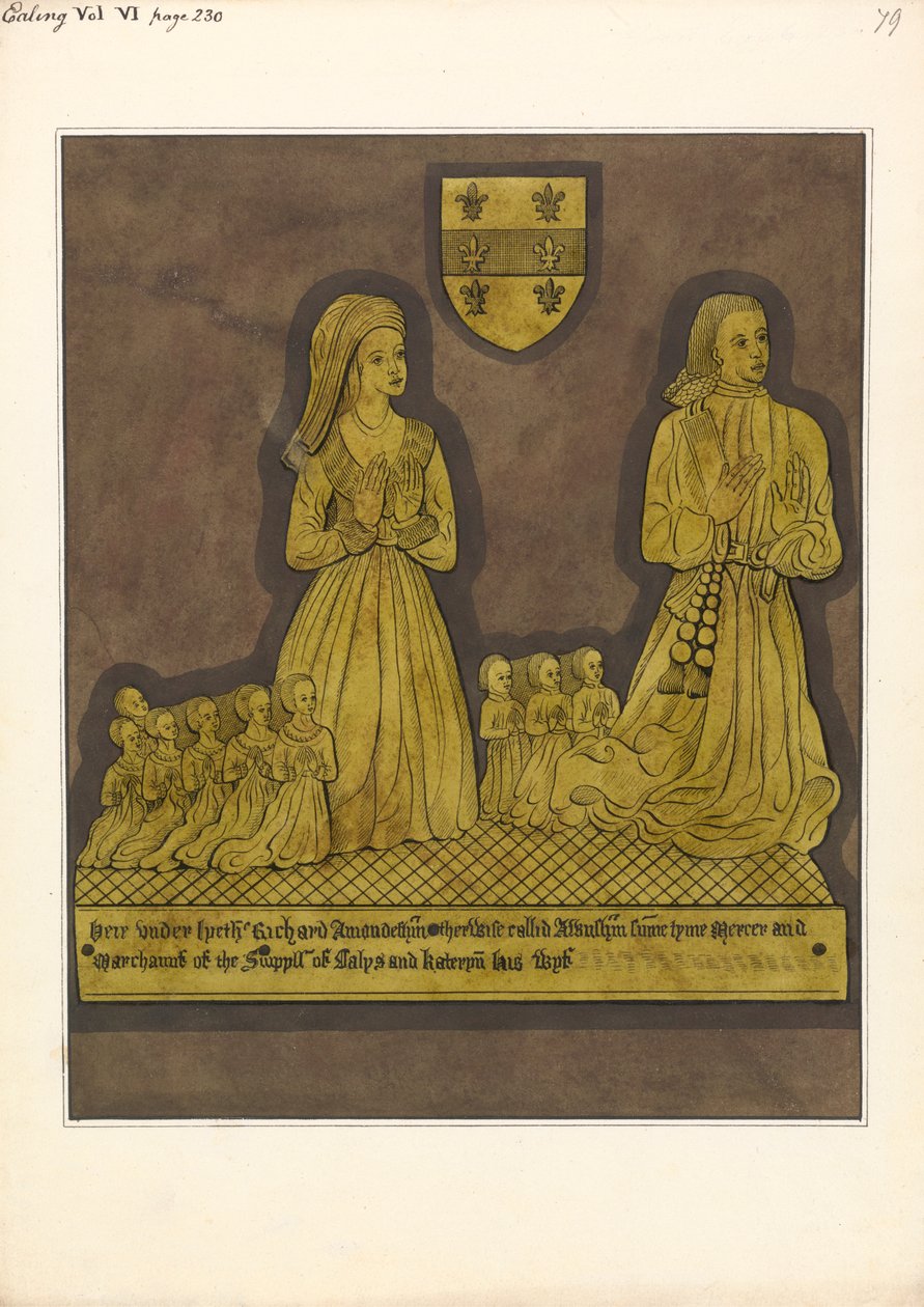 Messingplatte für Richard Amondesham und seine Frau Katherine, Ealing Church von Daniel Lysons