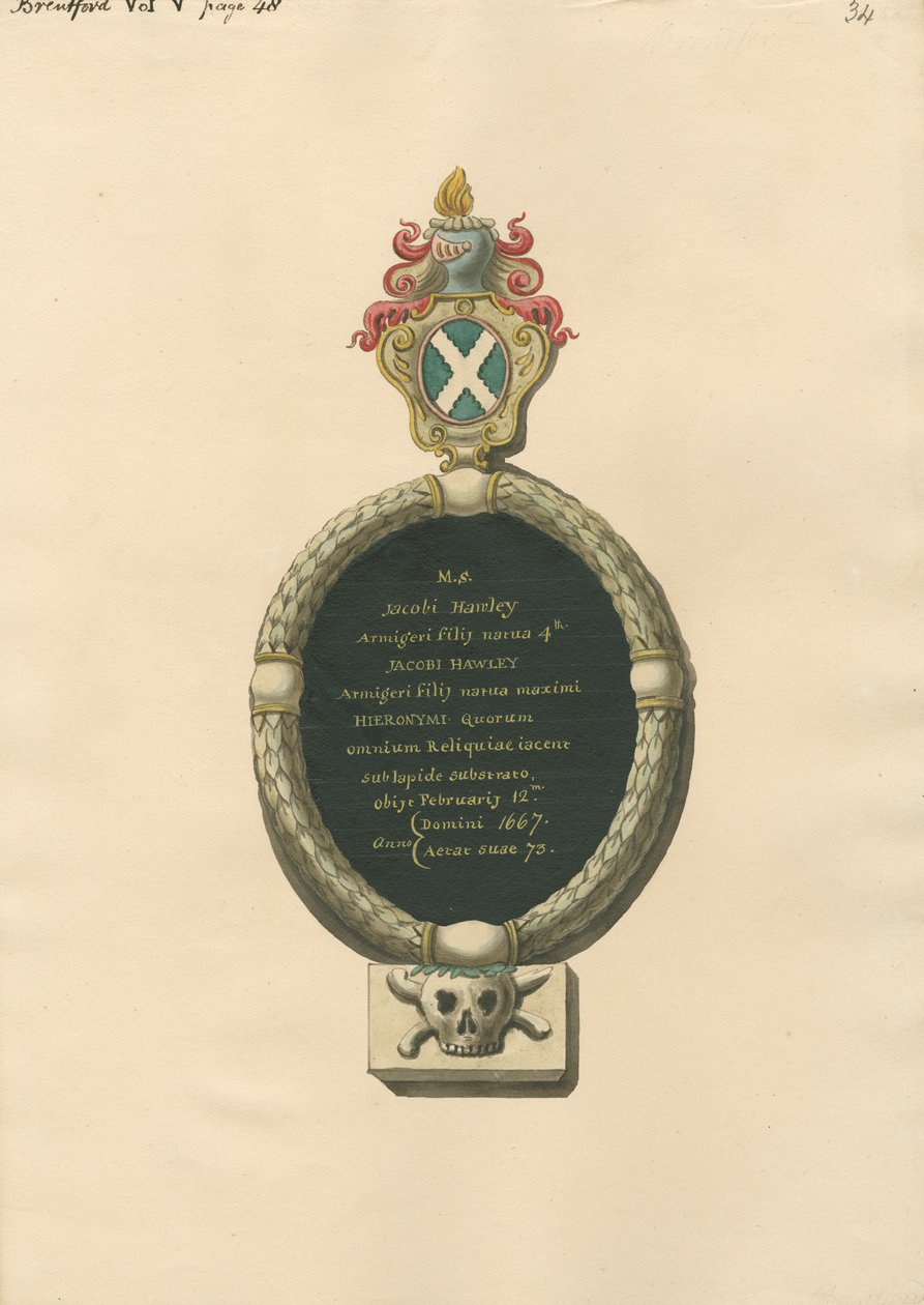 Denkmal für Jacob Hawley aus der Brentforth-Kirche von Daniel Lysons