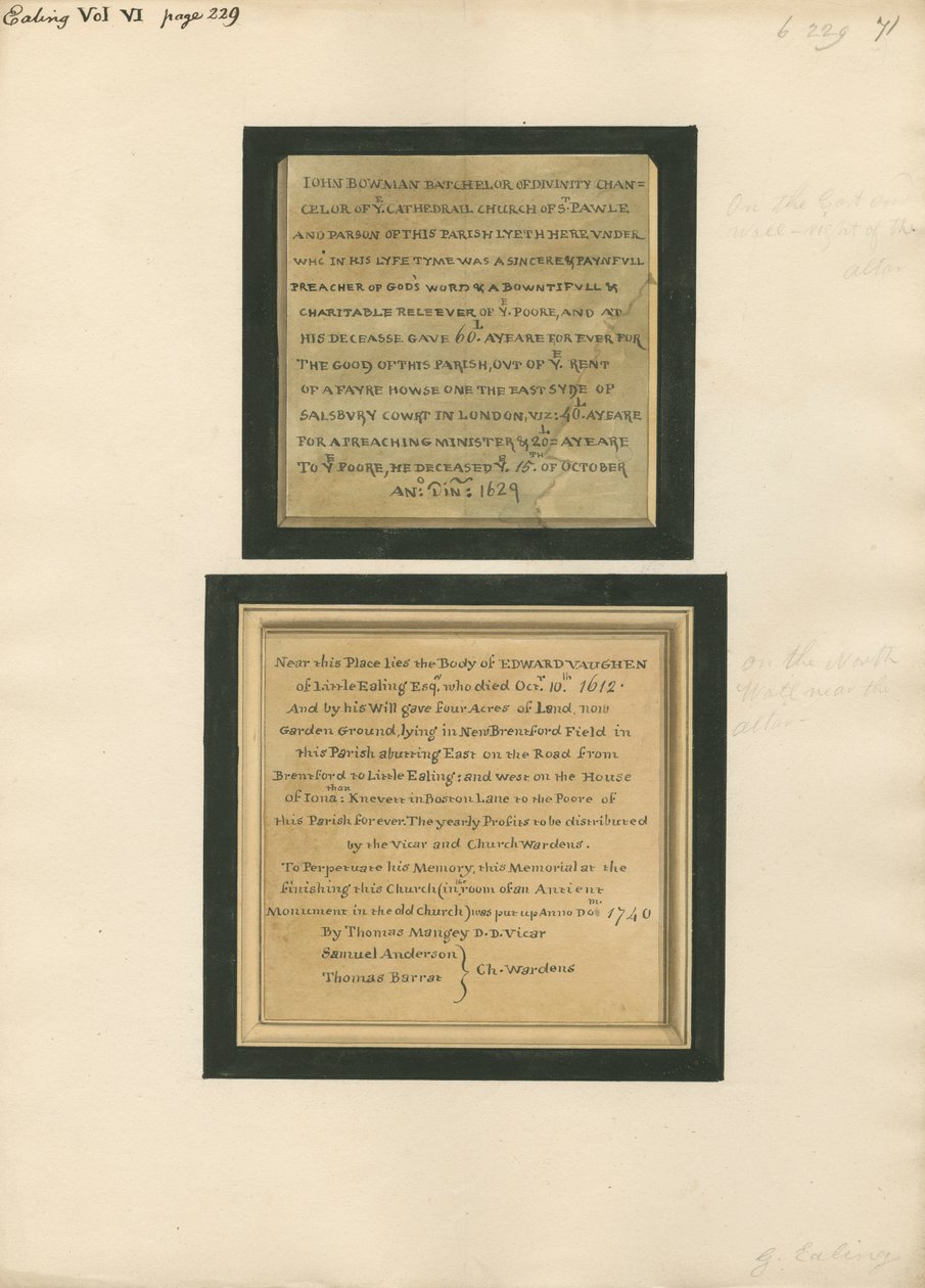 Denkmal für John Bowman und Edward Vaughen aus der Kirche von Ealing von Daniel Lysons