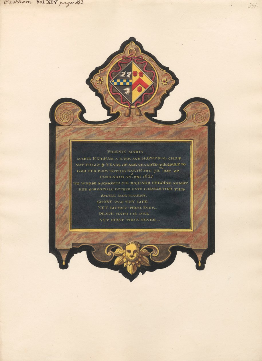 Gedenkstätte für Mary Heigham aus der East Ham Kirche von Daniel Lysons