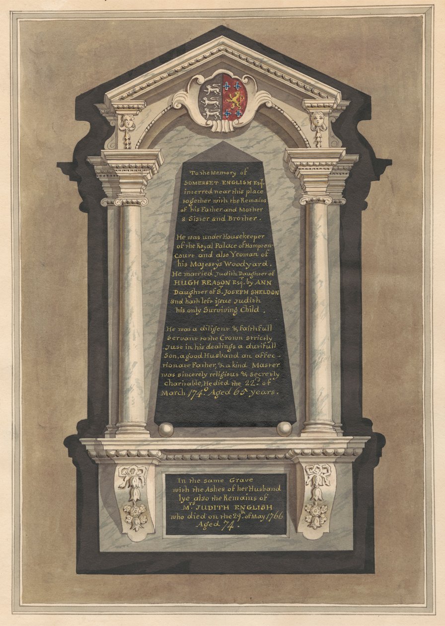Gedenkstätte für Somerset English, seine Frau Judith, seine Mutter, seinen Vater, eine Schwester und einen Bruder aus der Kirche von Hampton von Daniel Lysons